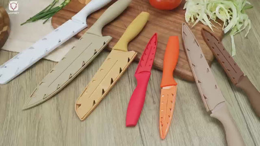 14 Piece Kitchen Knife Set, Stainless Steel Knife Set with Non-Stick Ceramic Coating, Dishwasher Safe with 7 Blade Guards, Rust Resistant, Brown, 7 Colors, Halloween Thanksgiving Christmas Gift